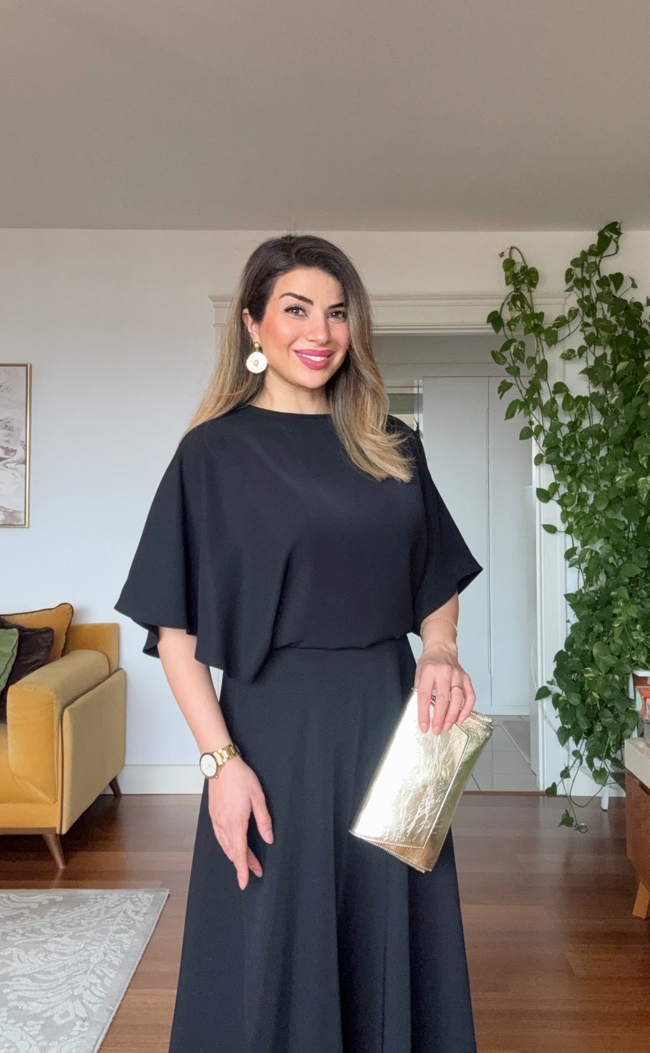 ASİMETRİK KESİM MAKSİ ELBİSE - SİYAH