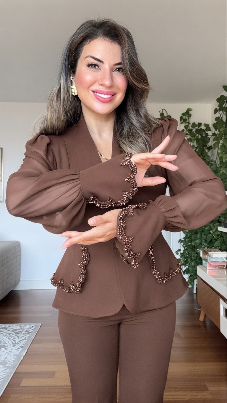 TAŞLI ŞİFON KOLLU BLAZER TAKIM - KAHVE