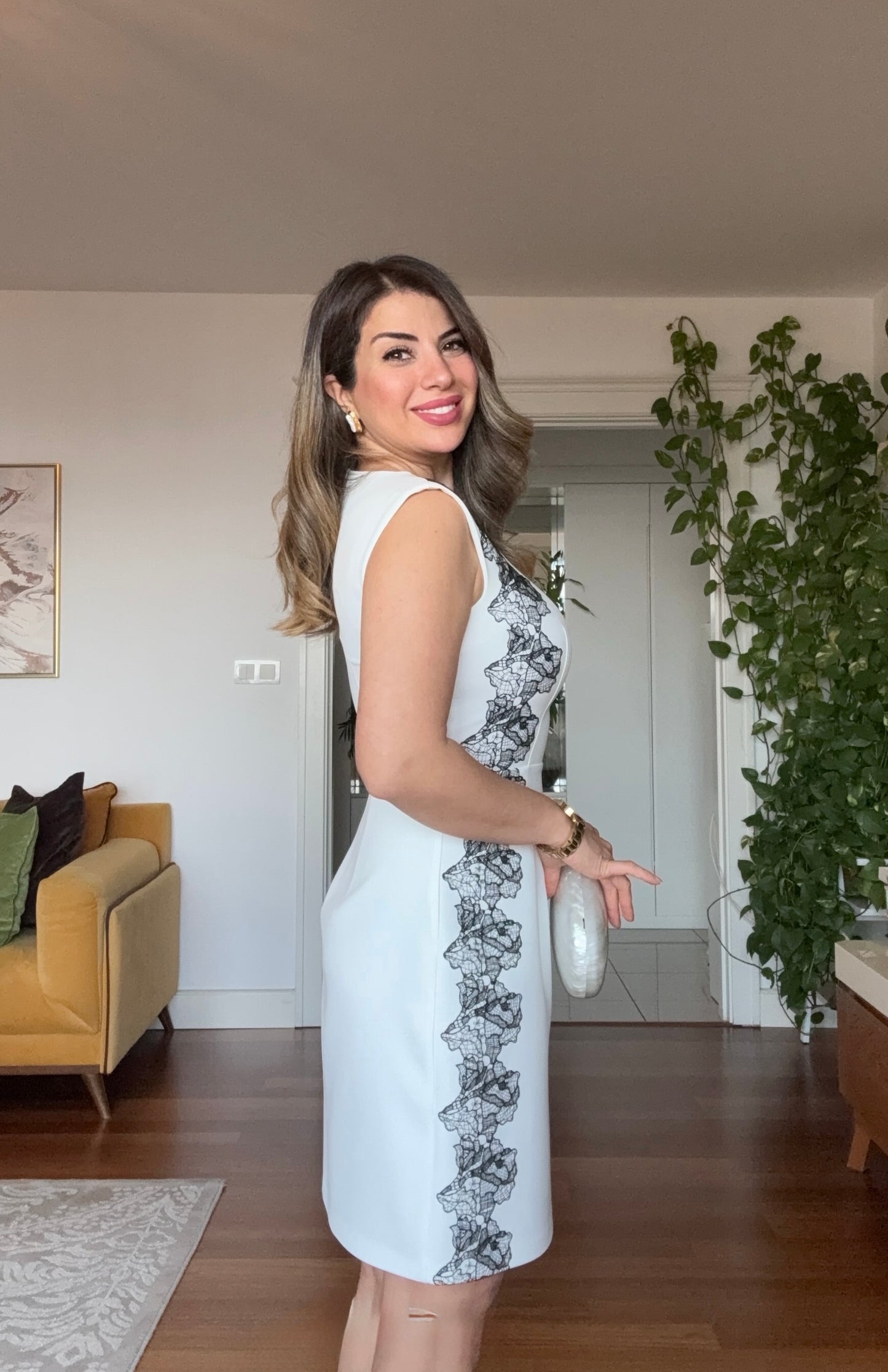 DANTEL DETAYLI  MİDİ ELBİSE- BEYAZ
