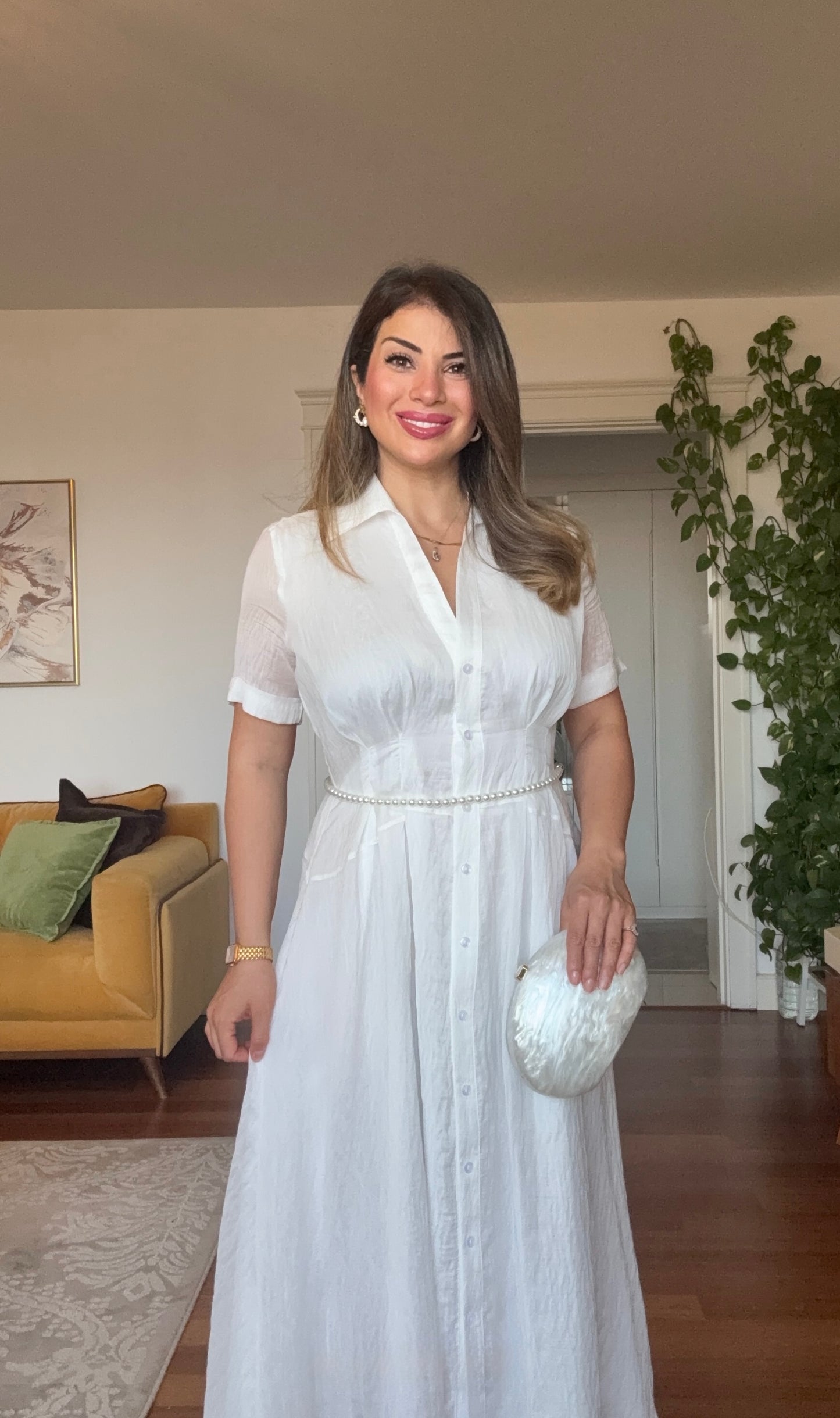 PRENSES MODEL PARLAK GÖMLEK ELBİSE -BEYAZ