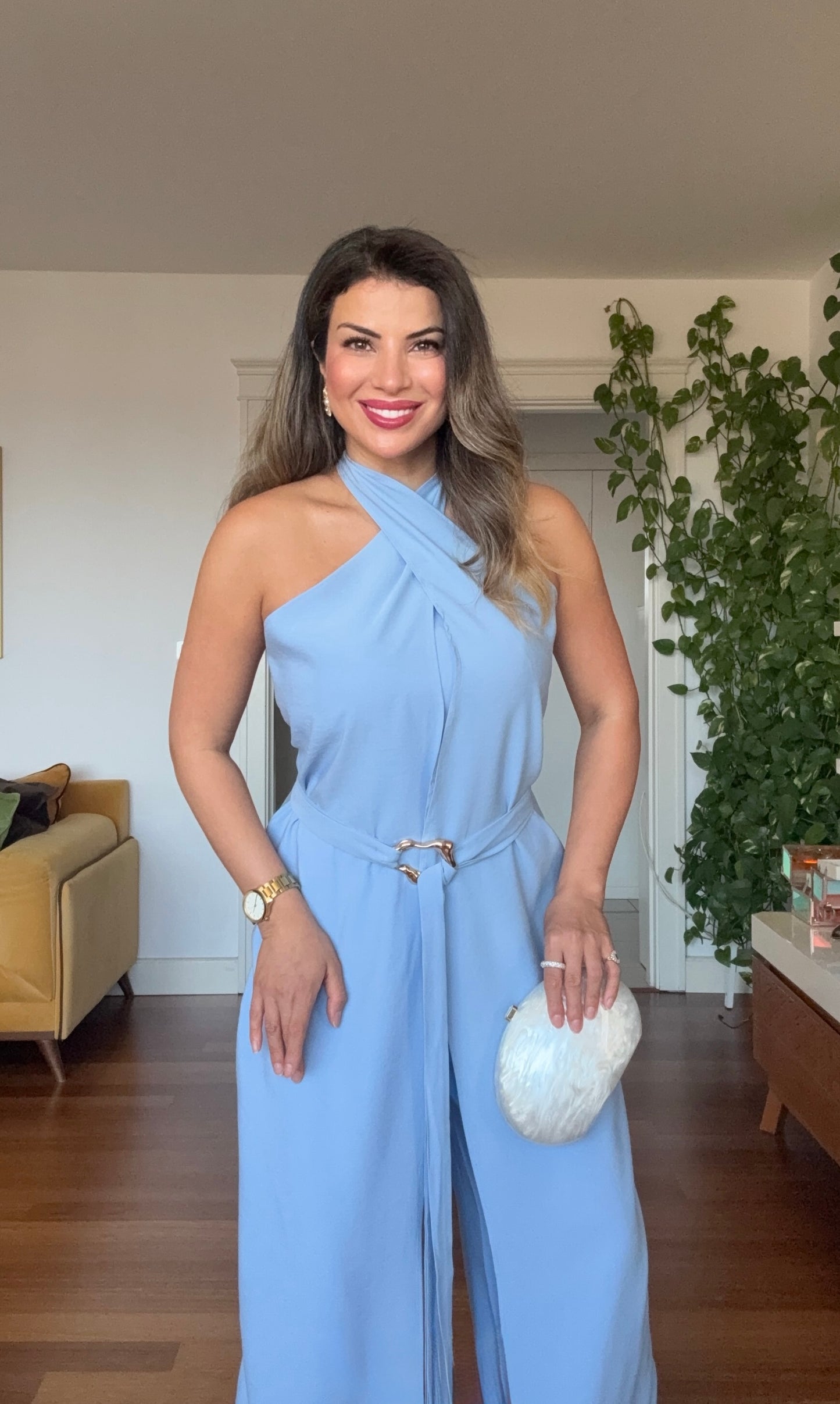 HALTER YAKA KUŞAKLI GENİŞ PAÇA TULUM - MAVİ