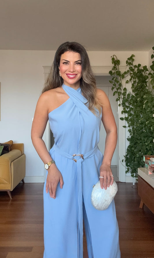 HALTER YAKA KUŞAKLI GENİŞ PAÇA TULUM - MAVİ