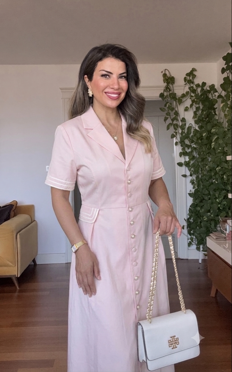KRUVAZE YAKA DÜĞMELI MİDİ ELBISE – PEMBE