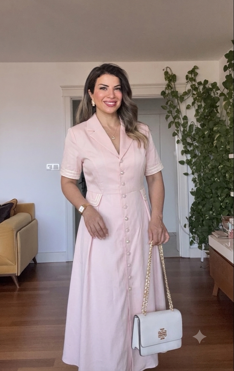KRUVAZE YAKA DÜĞMELI MİDİ ELBISE – PEMBE