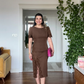 KISA KOL DANTEL DETAYLI MİDİ ELBİSE - KAHVE