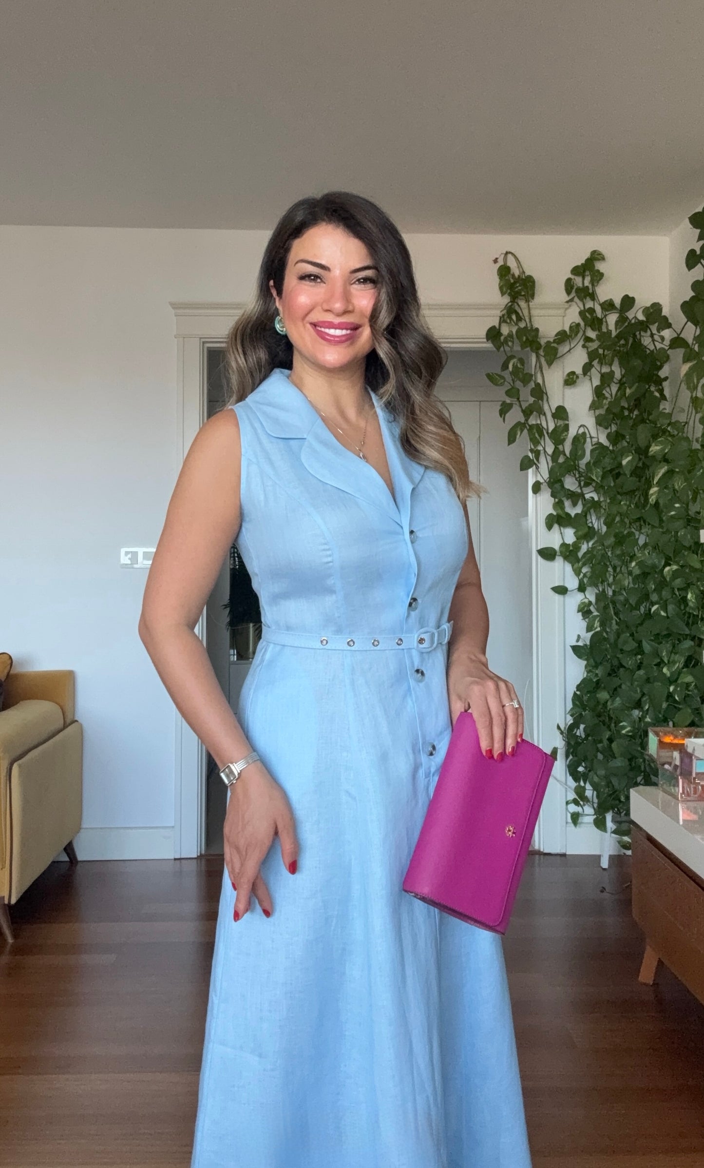 DOĞAL KETEN YAZLIK ELBİSE - MAVİ