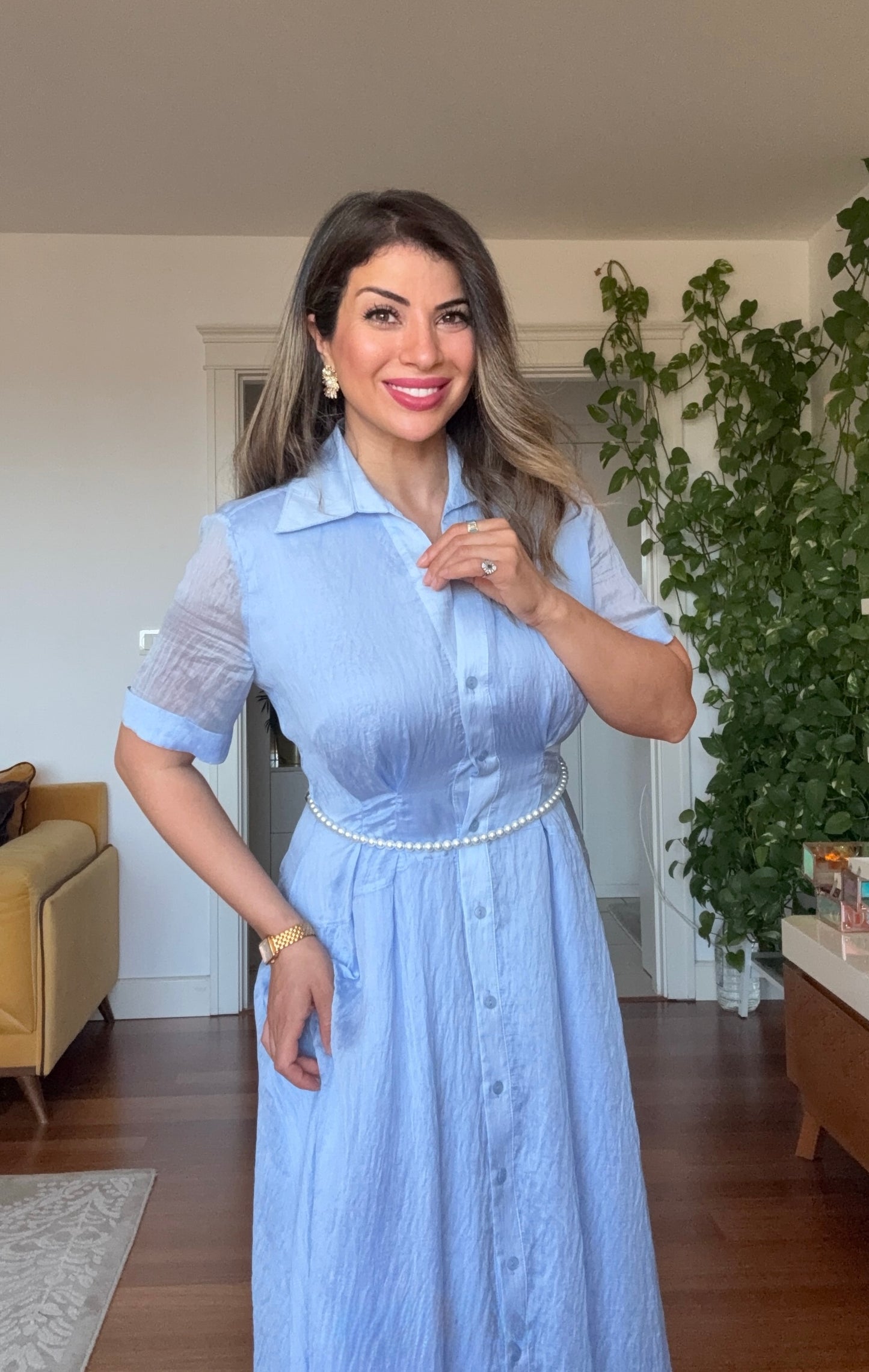 PRENSES MODEL PARLAK GÖMLEK ELBİSE -BEBE MAVİ