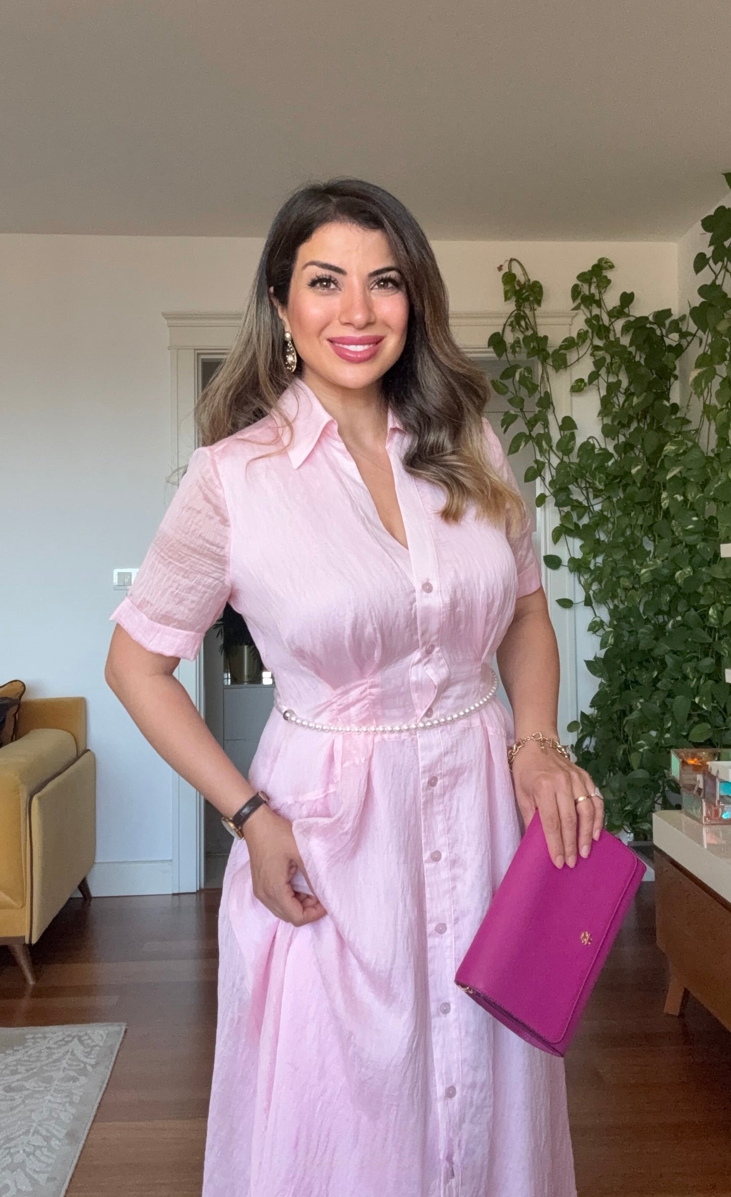 PRENSES MODEL PARLAK GÖMLEK ELBİSE -PUDRA