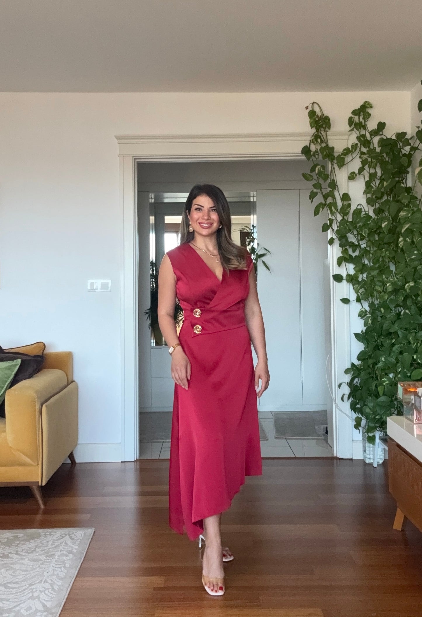 GOLD DÜĞME DETAYLI ELBİSE - BORDO