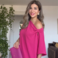 ASİMETRİK OMUZ DETAYLI MAKSİ ELBİSE – FUSYA