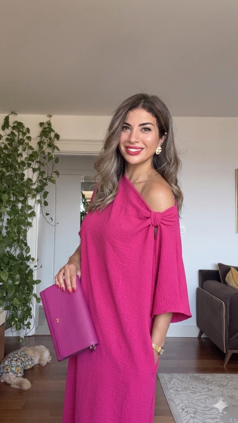 ASİMETRİK OMUZ DETAYLI MAKSİ ELBİSE – FUSYA