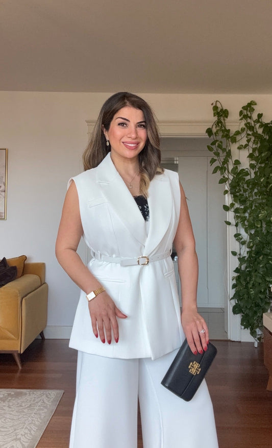 DANTEL DETAYLI VE KEMERLİ SİYAH ÜÇLÜ TAKIM - BEYAZ