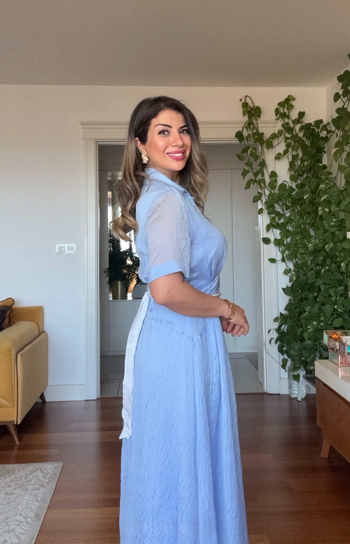 PRENSES MODEL PARLAK GÖMLEK ELBİSE -BEBE MAVİ