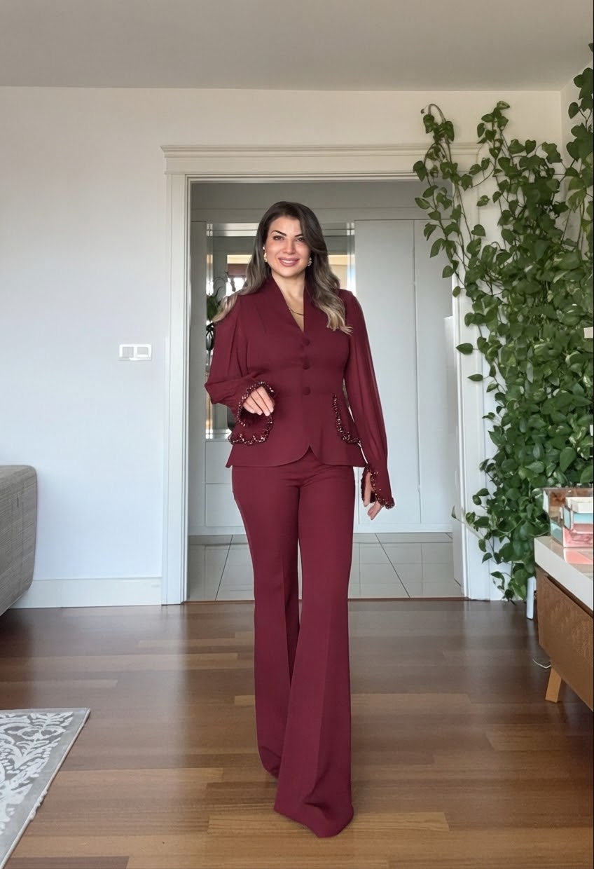 TAŞLI ŞİFON KOLLU BLAZER TAKIM - BORDO