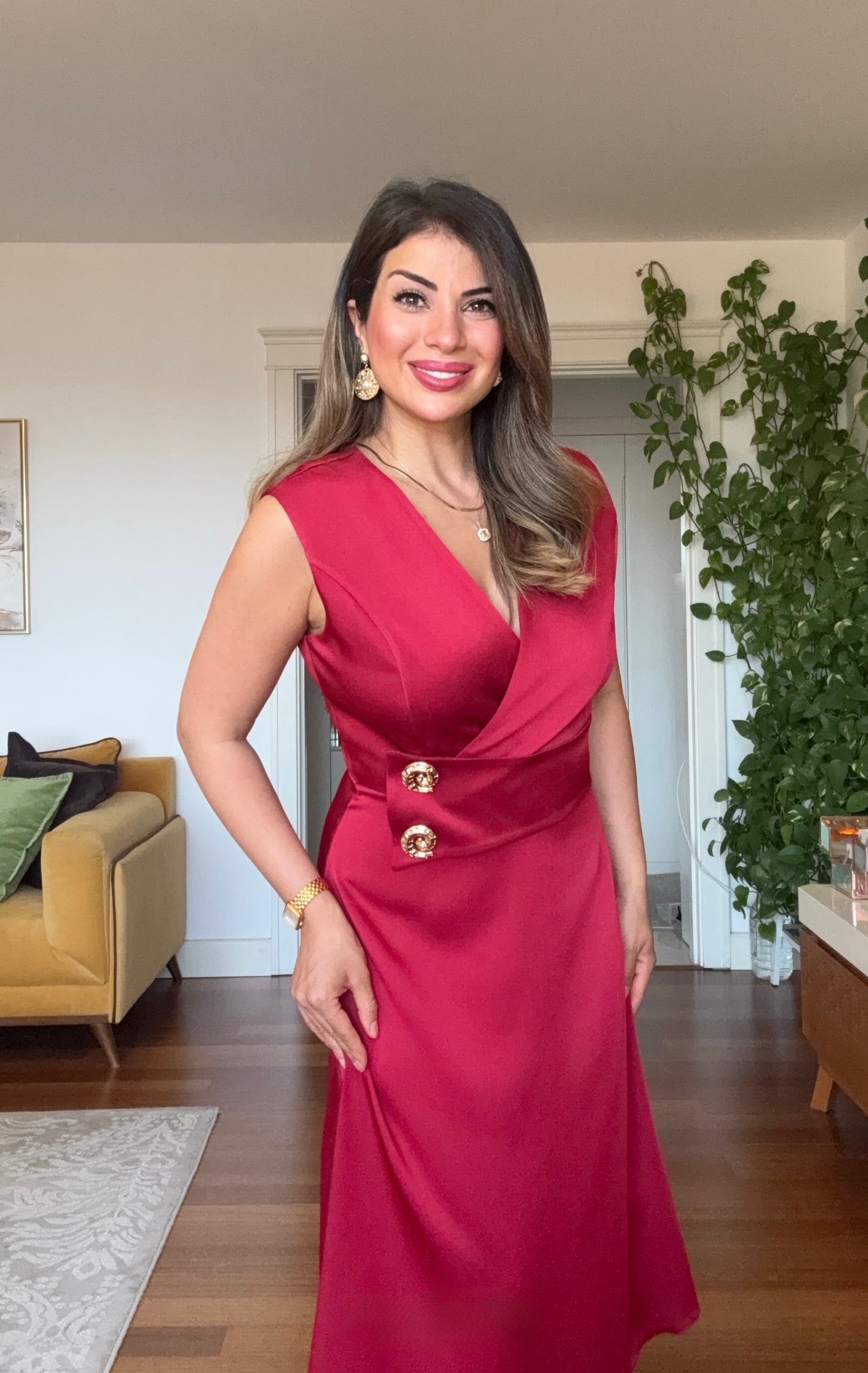 GOLD DÜĞME DETAYLI ELBİSE - BORDO