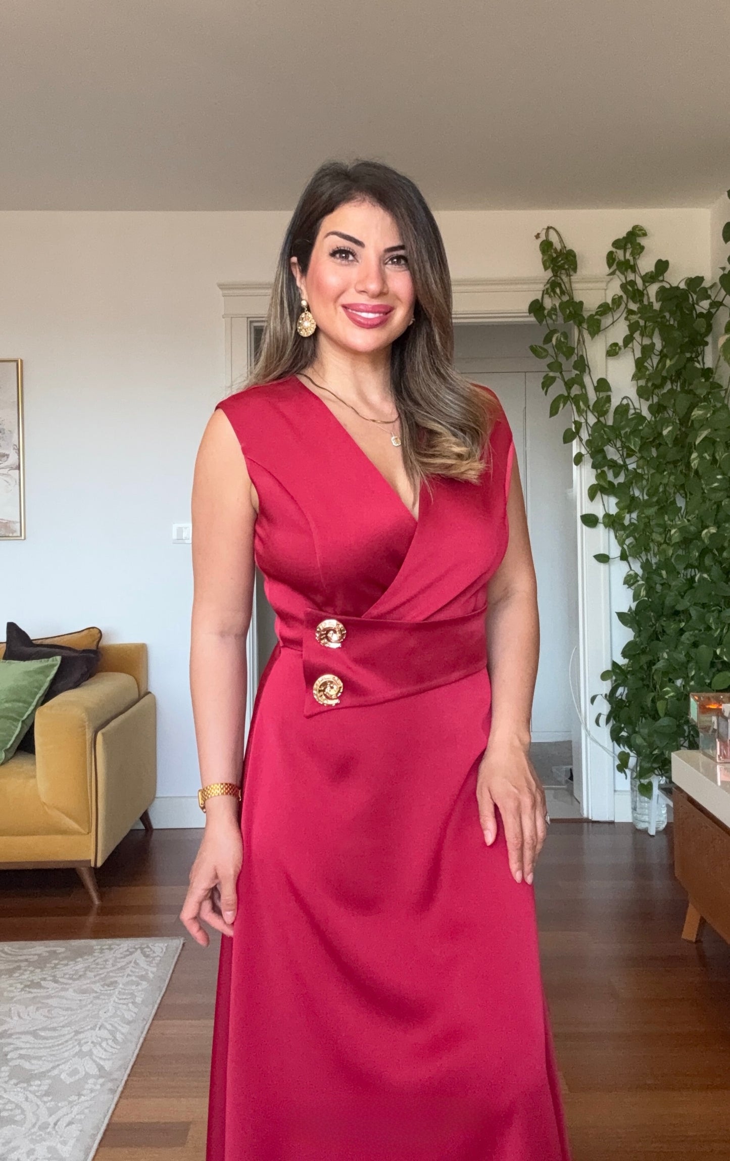 GOLD DÜĞME DETAYLI ELBİSE - BORDO