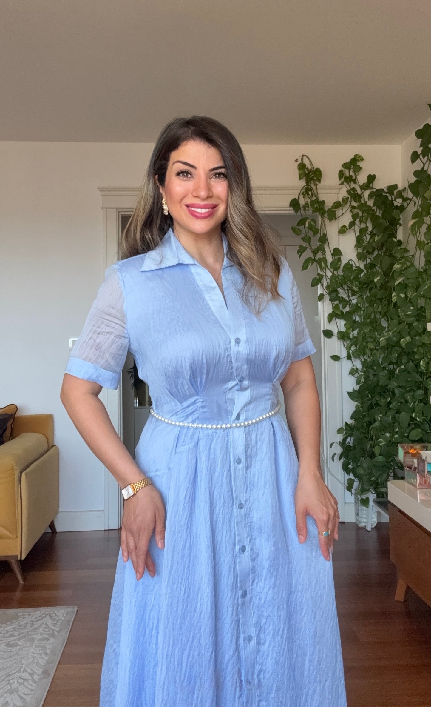 PRENSES MODEL PARLAK GÖMLEK ELBİSE -BEBE MAVİ