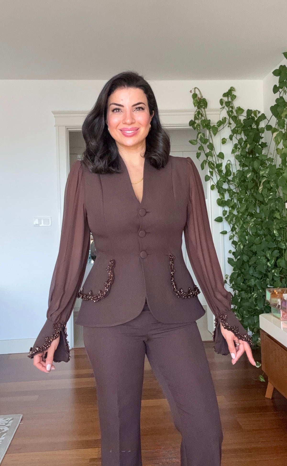TAŞLI ŞİFON KOLLU BLAZER TAKIM - KAHVE