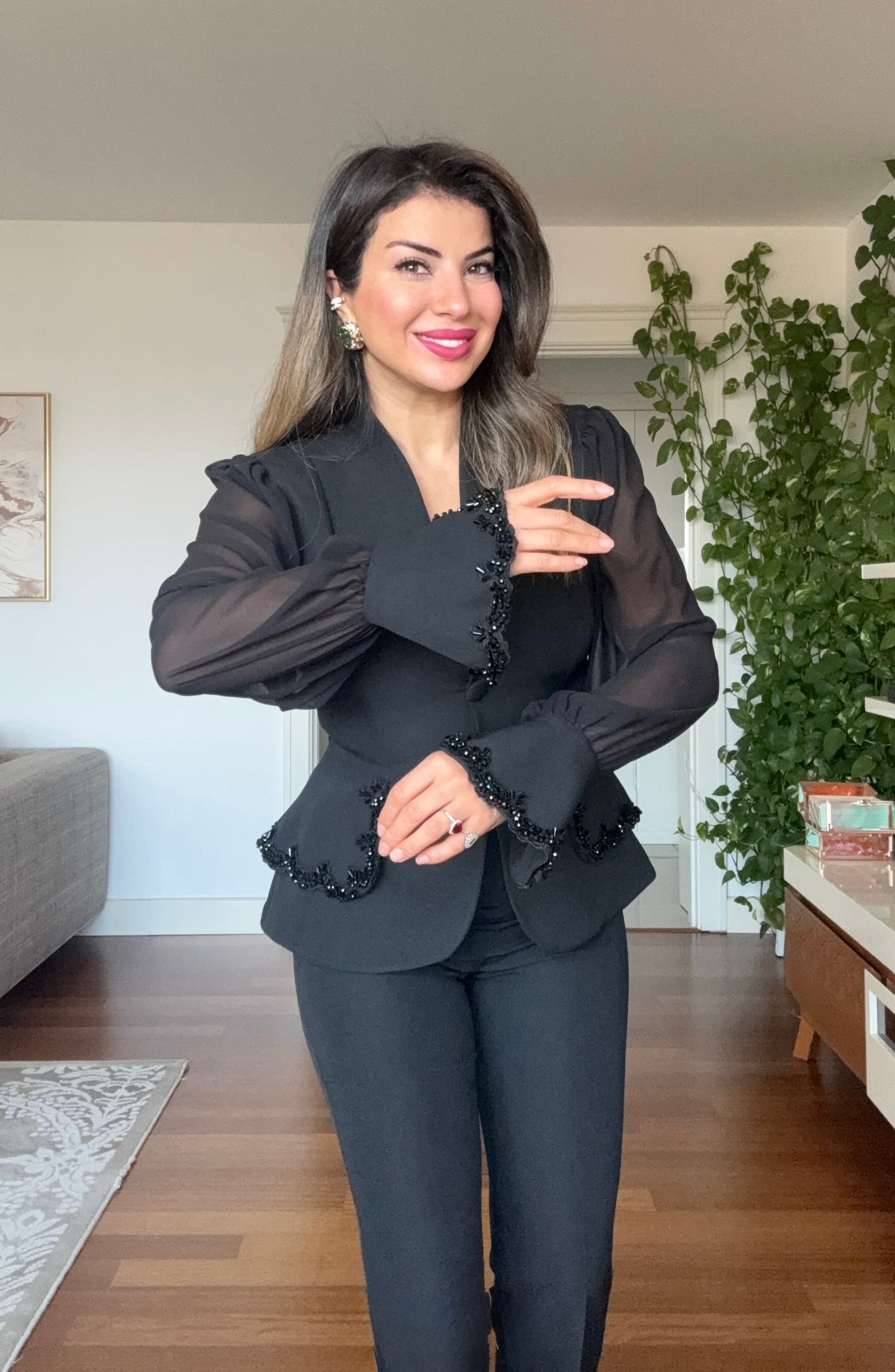 TAŞLI ŞİFON KOLLU BLAZER TAKIM - SİYAH