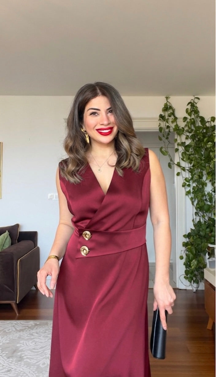 GOLD DÜĞME DETAYLI ELBİSE - BORDO