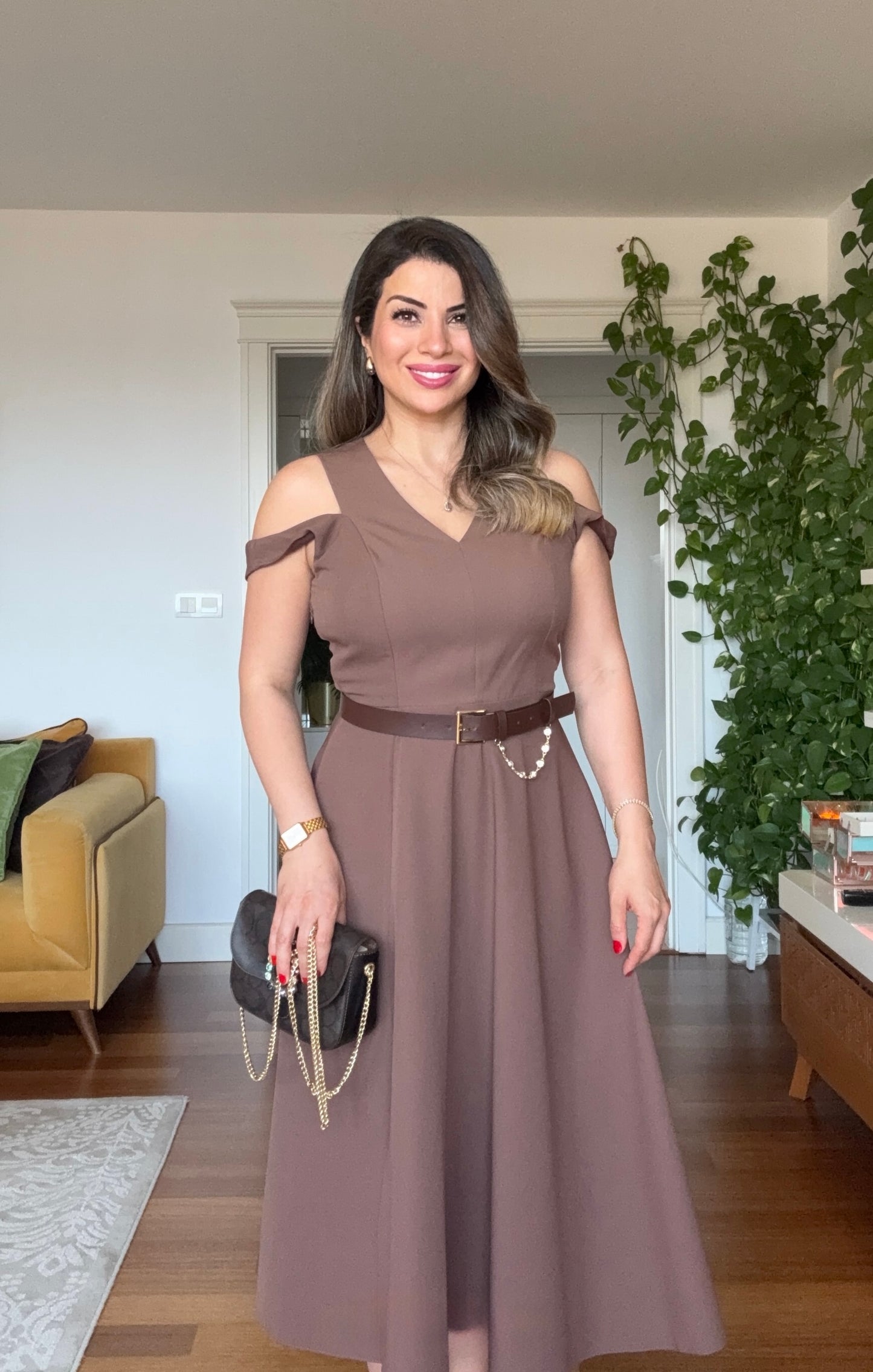 PENCERE DETAYLI KLOŞ ELBİSE -KAHVE