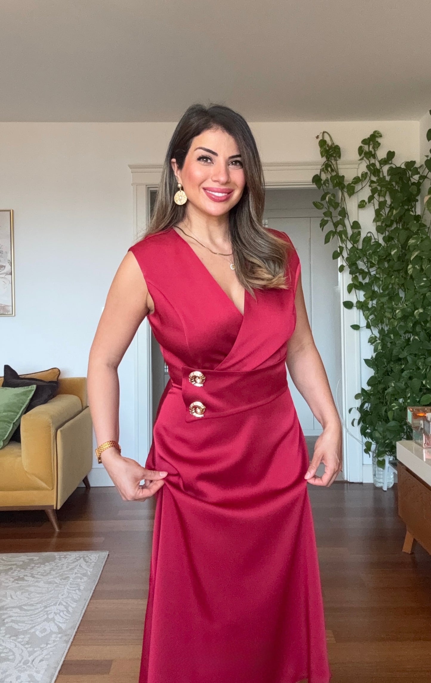GOLD DÜĞME DETAYLI ELBİSE - BORDO