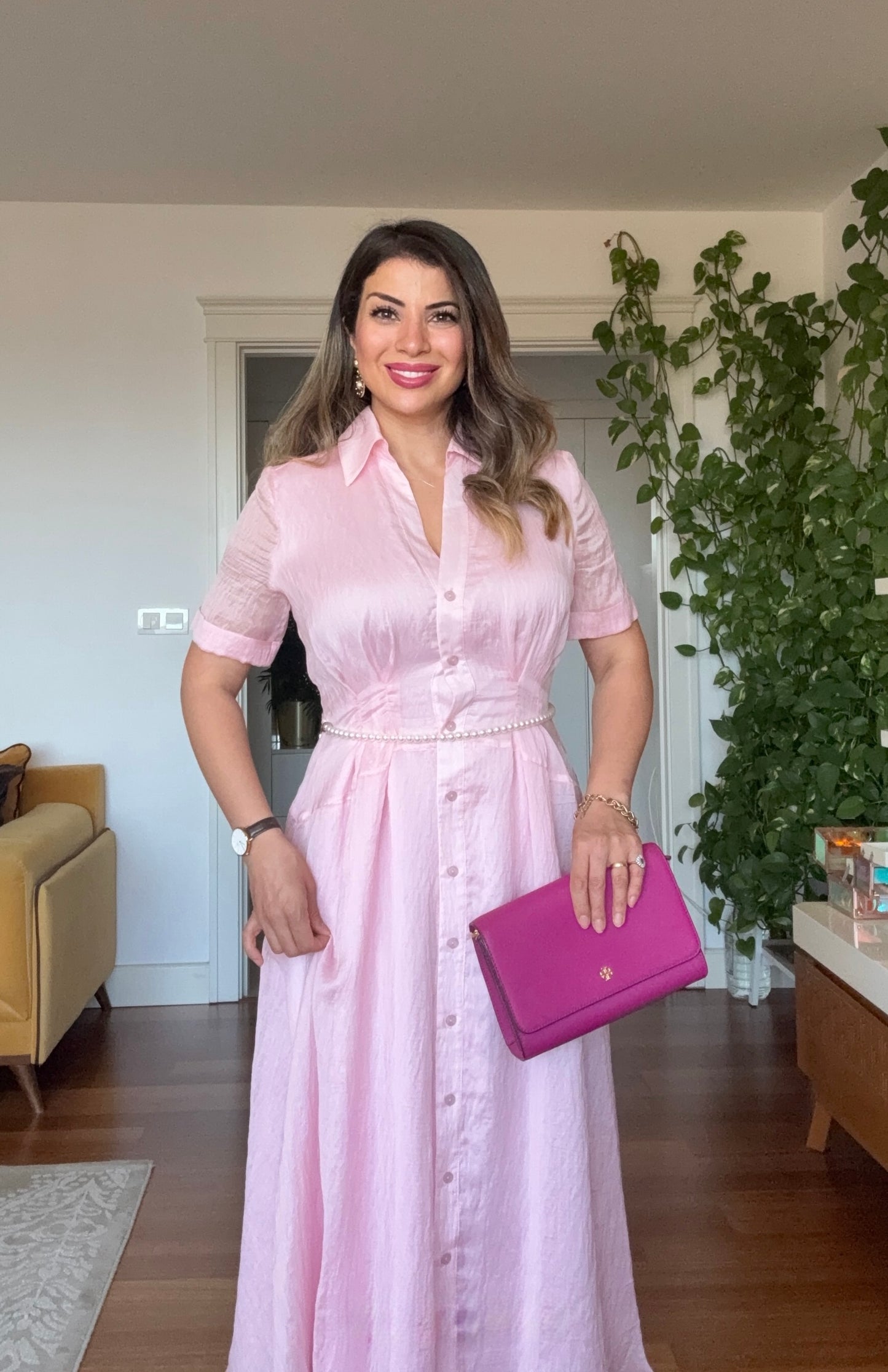 PRENSES MODEL PARLAK GÖMLEK ELBİSE -PUDRA