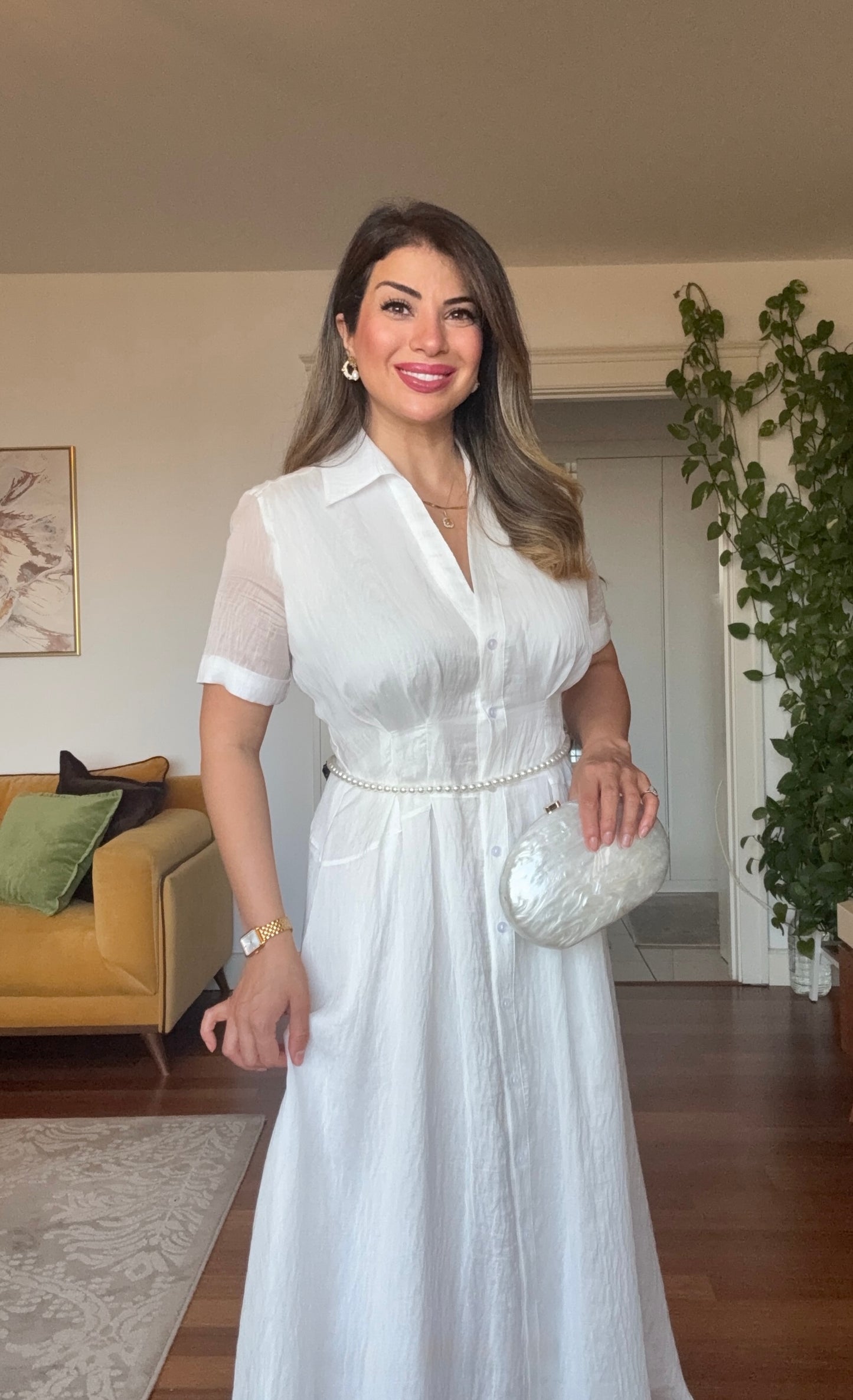 PRENSES MODEL PARLAK GÖMLEK ELBİSE -BEYAZ