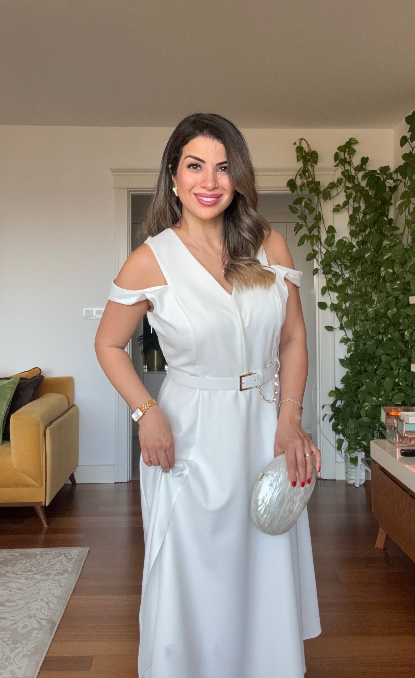 PENCERE DETAYLI KLOŞ ELBİSE -BEYAZ