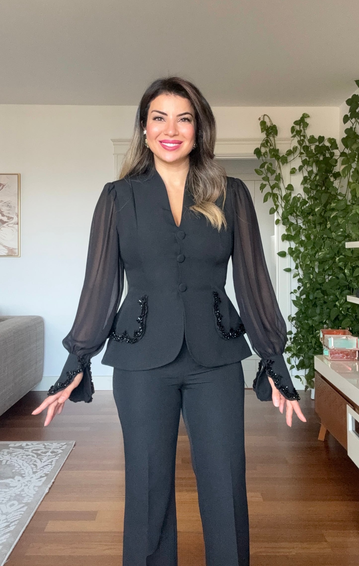 TAŞLI ŞİFON KOLLU BLAZER TAKIM - SİYAH