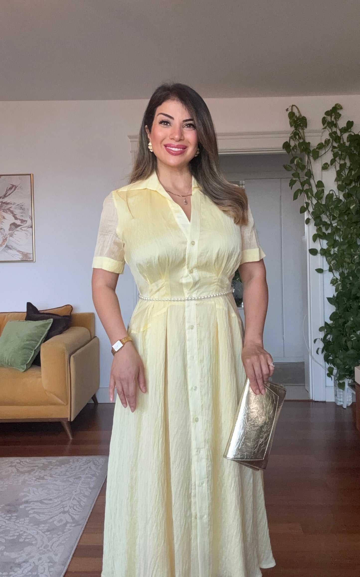 PRENSES MODEL PARLAK GÖMLEK ELBİSE -SARI