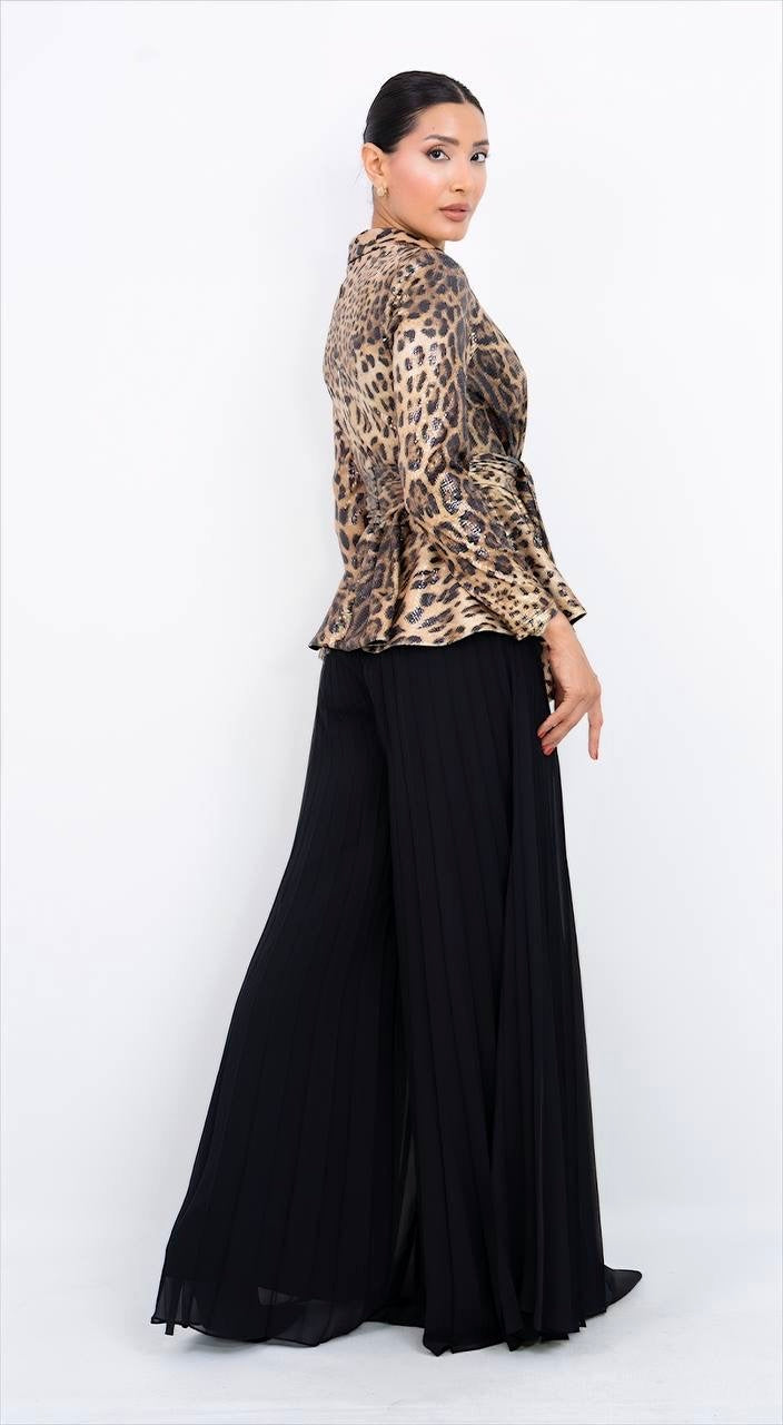 LEOPAR DESEN PUL PAYET PİLELİ TAKIM - SİYAH