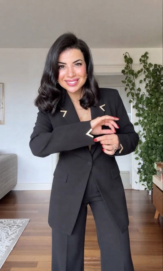 GOLD AKSESUAR DETAYLI UZUN BLAZER TAKIM - SİYAH