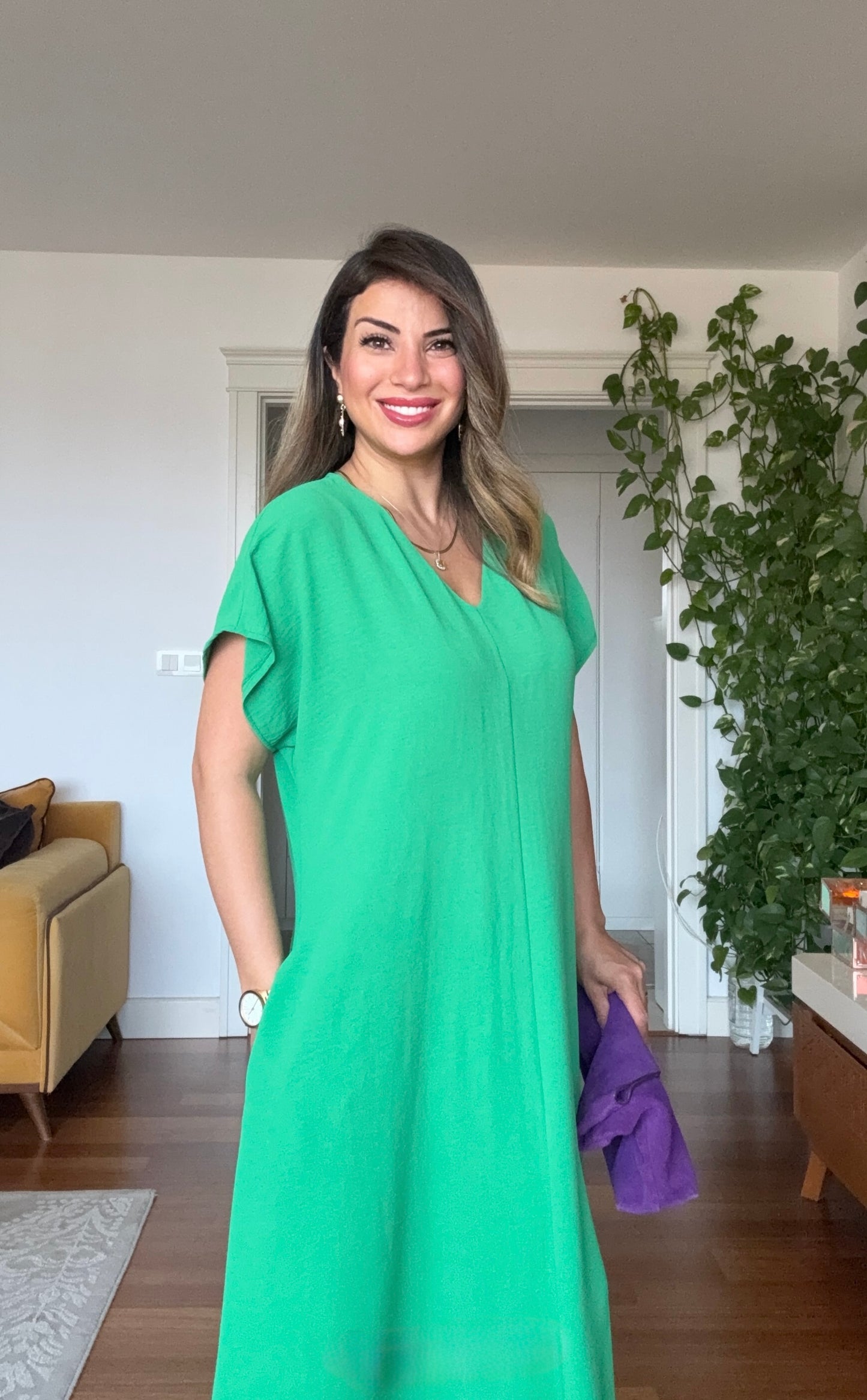V YAKA OVERSİZE MAXİ ELBİSE - YESİL