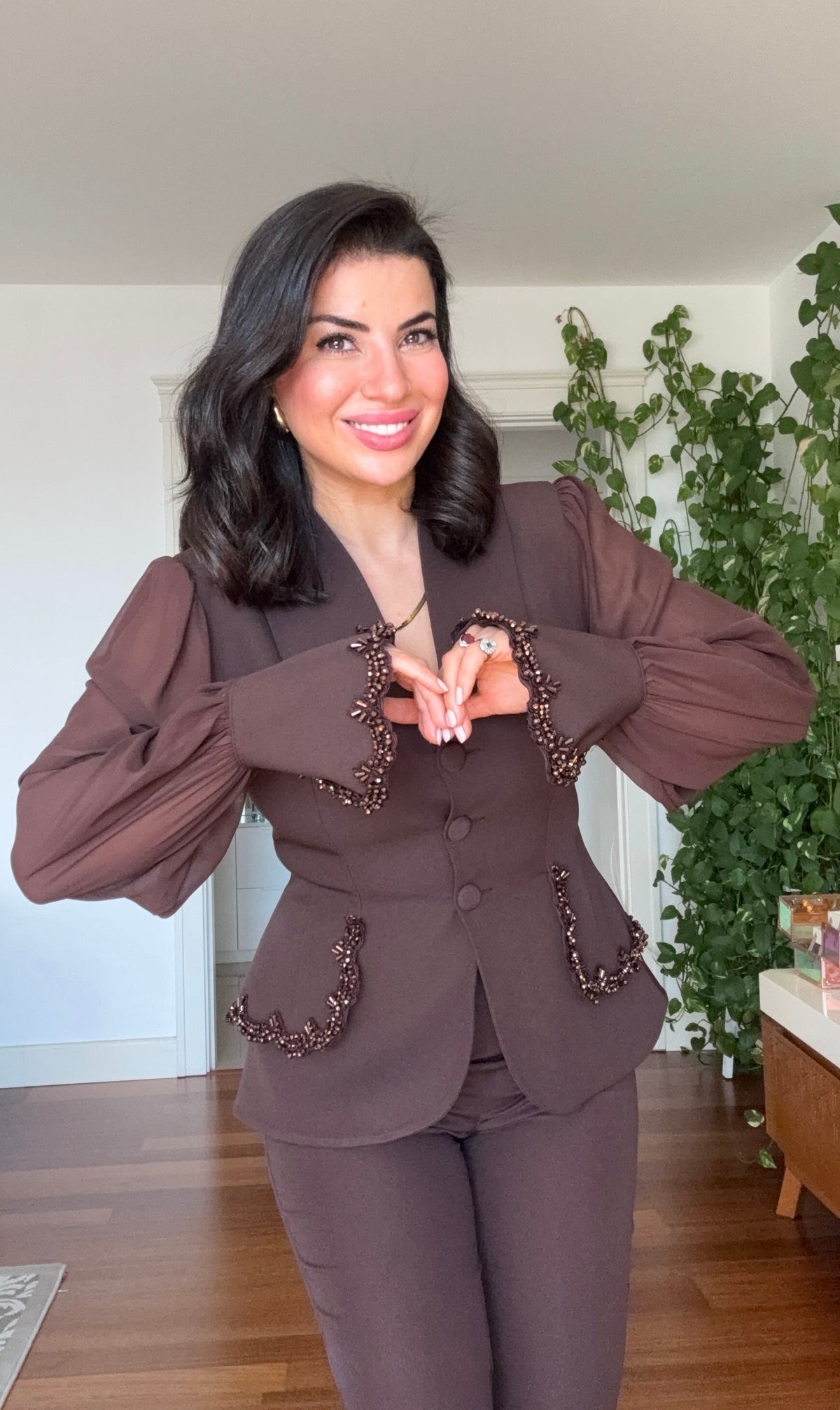 TAŞLI ŞİFON KOLLU BLAZER TAKIM - KAHVE