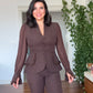 TAŞLI ŞİFON KOLLU BLAZER TAKIM - KAHVE