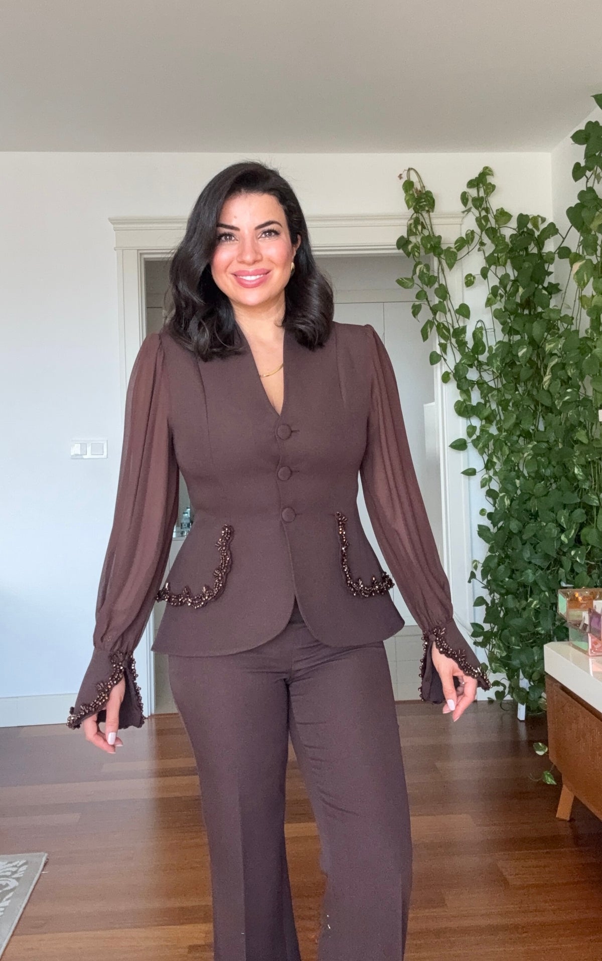 TAŞLI ŞİFON KOLLU BLAZER TAKIM - KAHVE