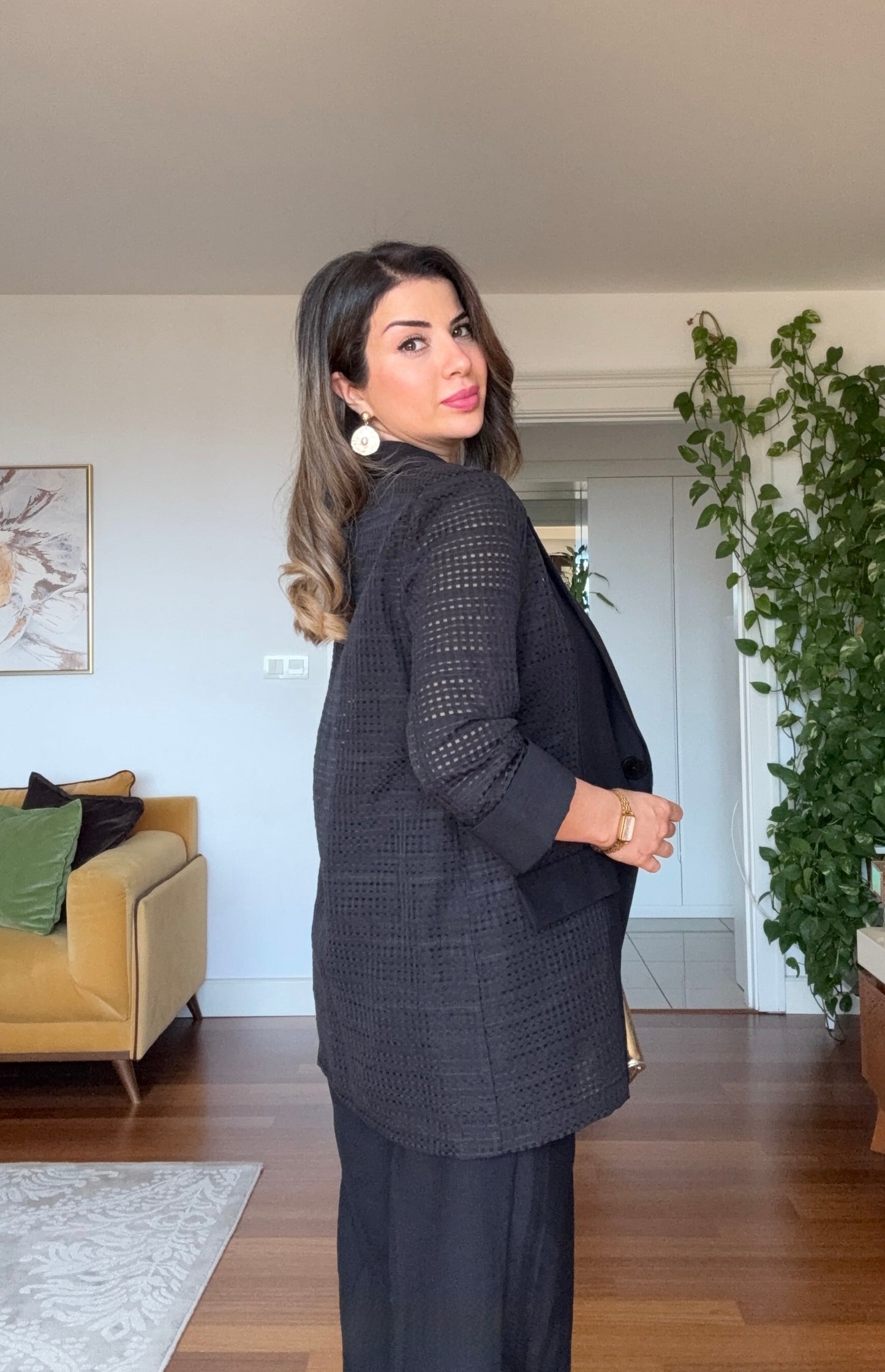 KETEN DOKULU DETAYLI BLAZER TAKIM - SİYAH