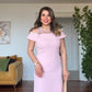 DANTEL DETAYLI MADONNA YAKA MİDİ ELBİSE- PUDRA