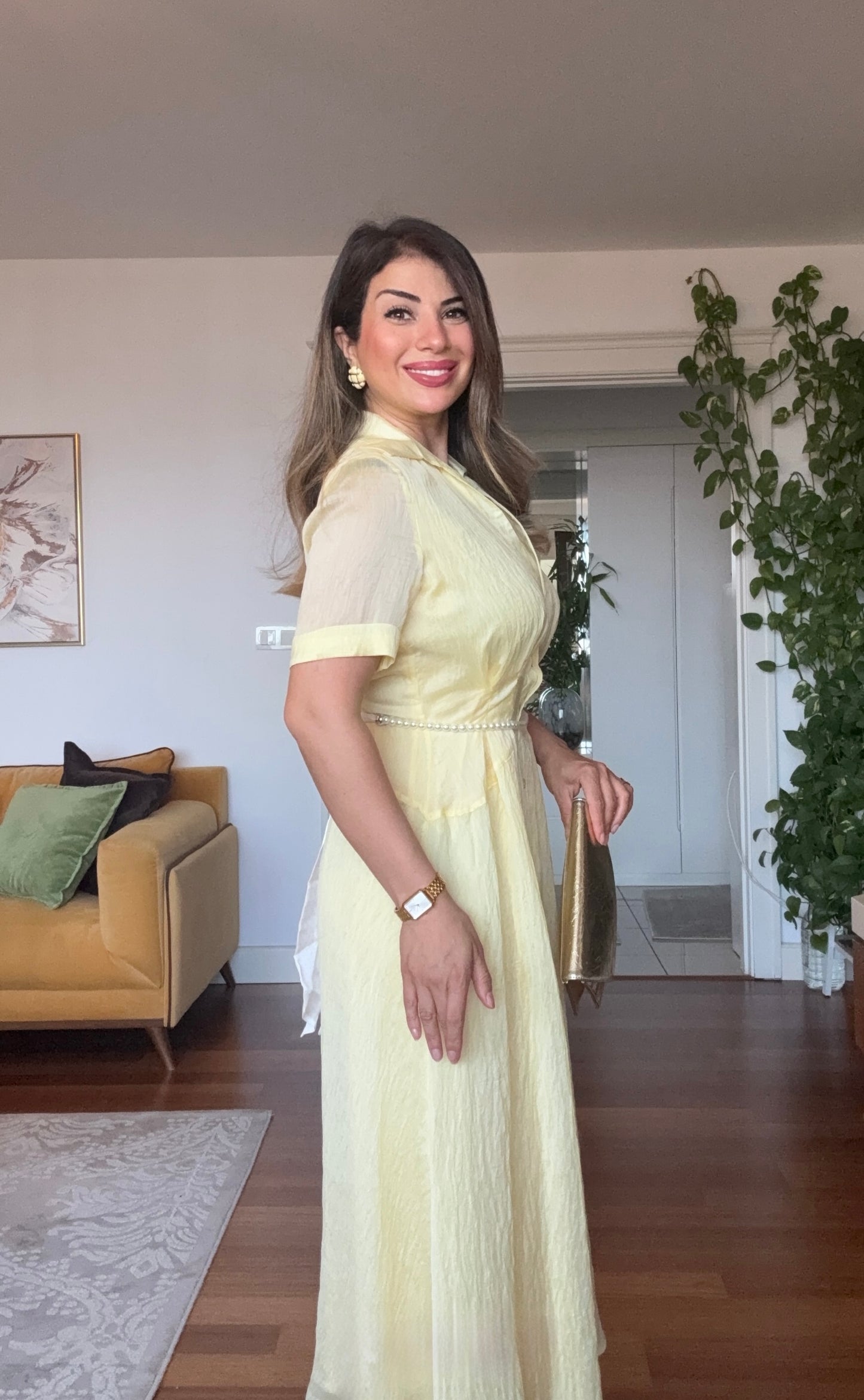 PRENSES MODEL PARLAK GÖMLEK ELBİSE -SARI