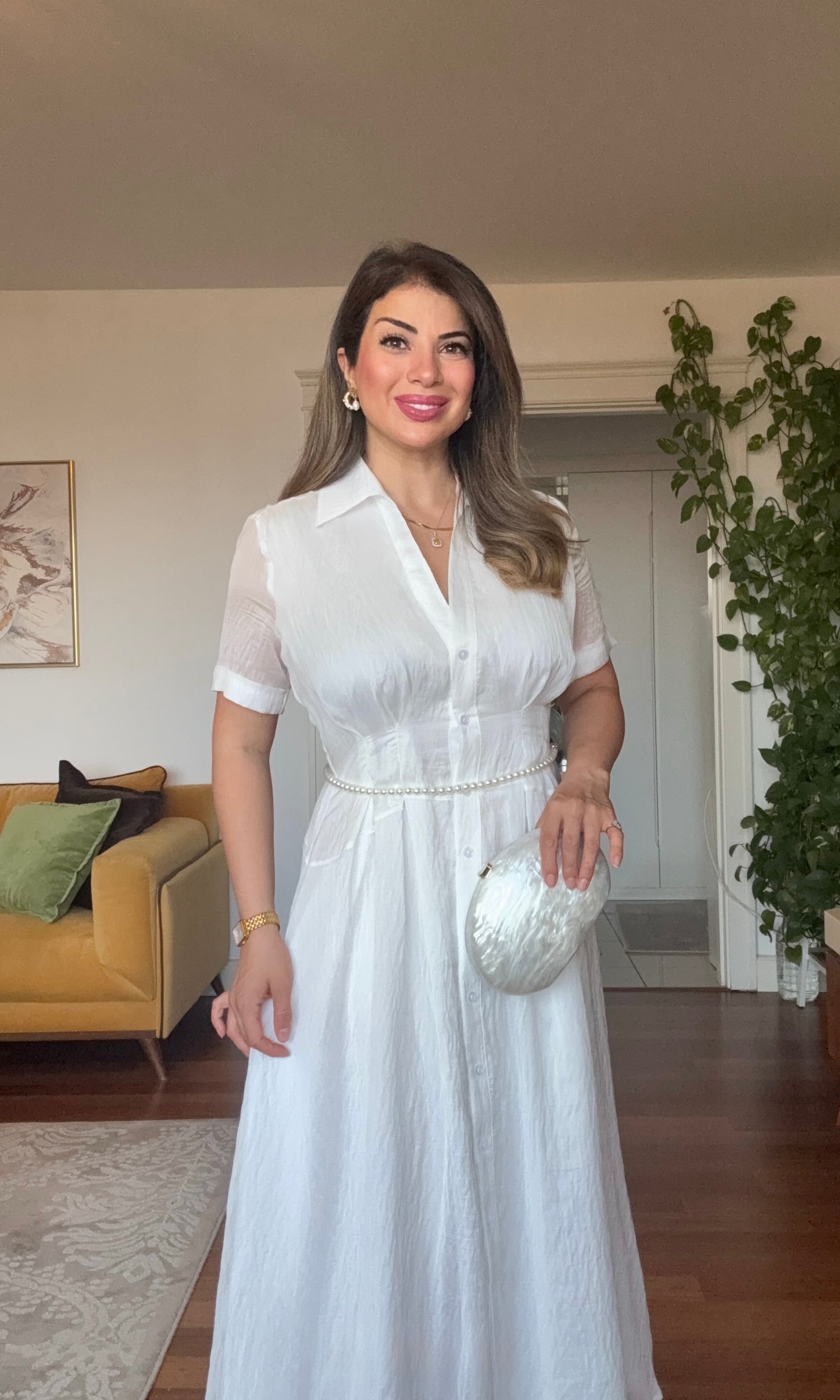 PRENSES MODEL PARLAK GÖMLEK ELBİSE -BEYAZ