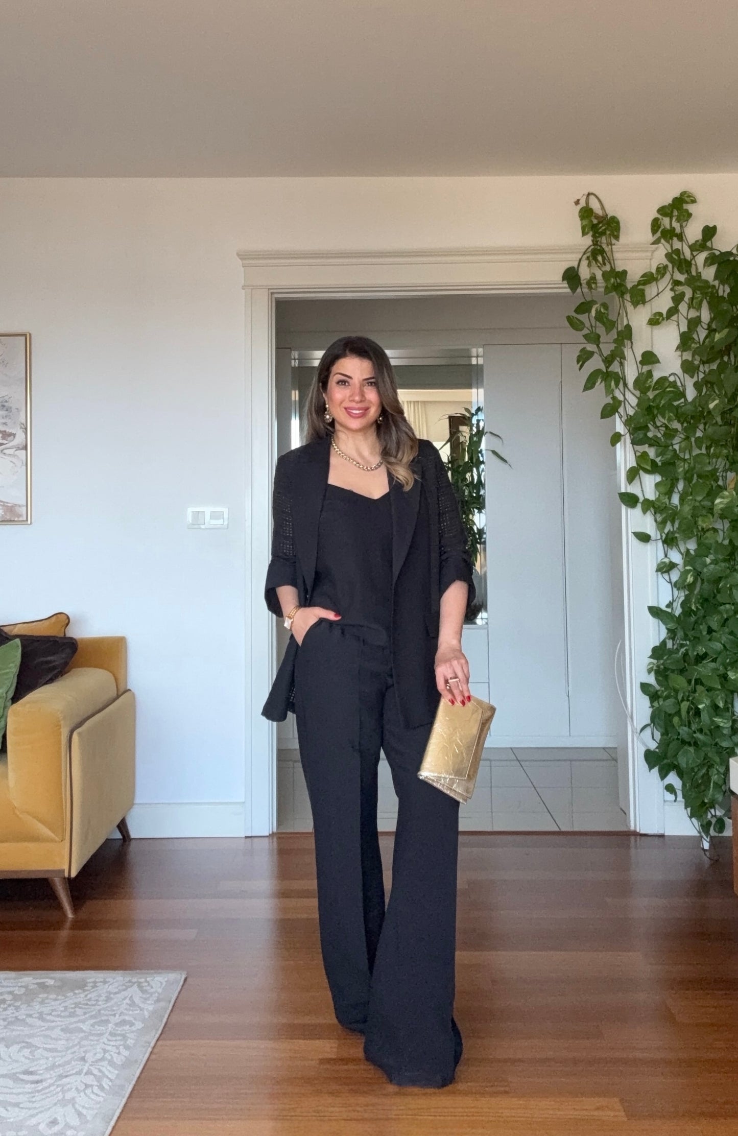 KETEN DOKULU DETAYLI BLAZER TAKIM - SİYAH