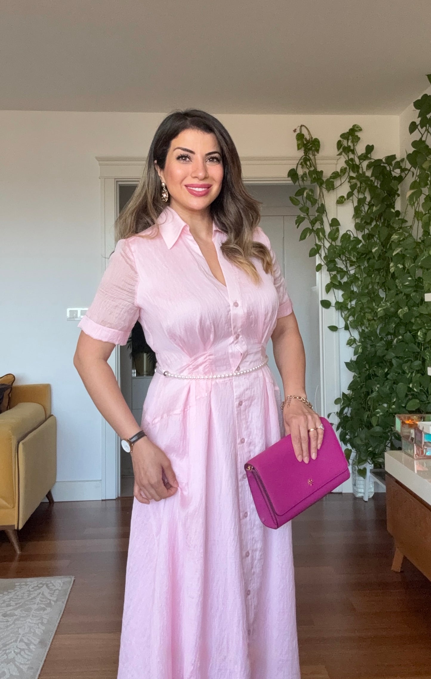 PRENSES MODEL PARLAK GÖMLEK ELBİSE -PUDRA
