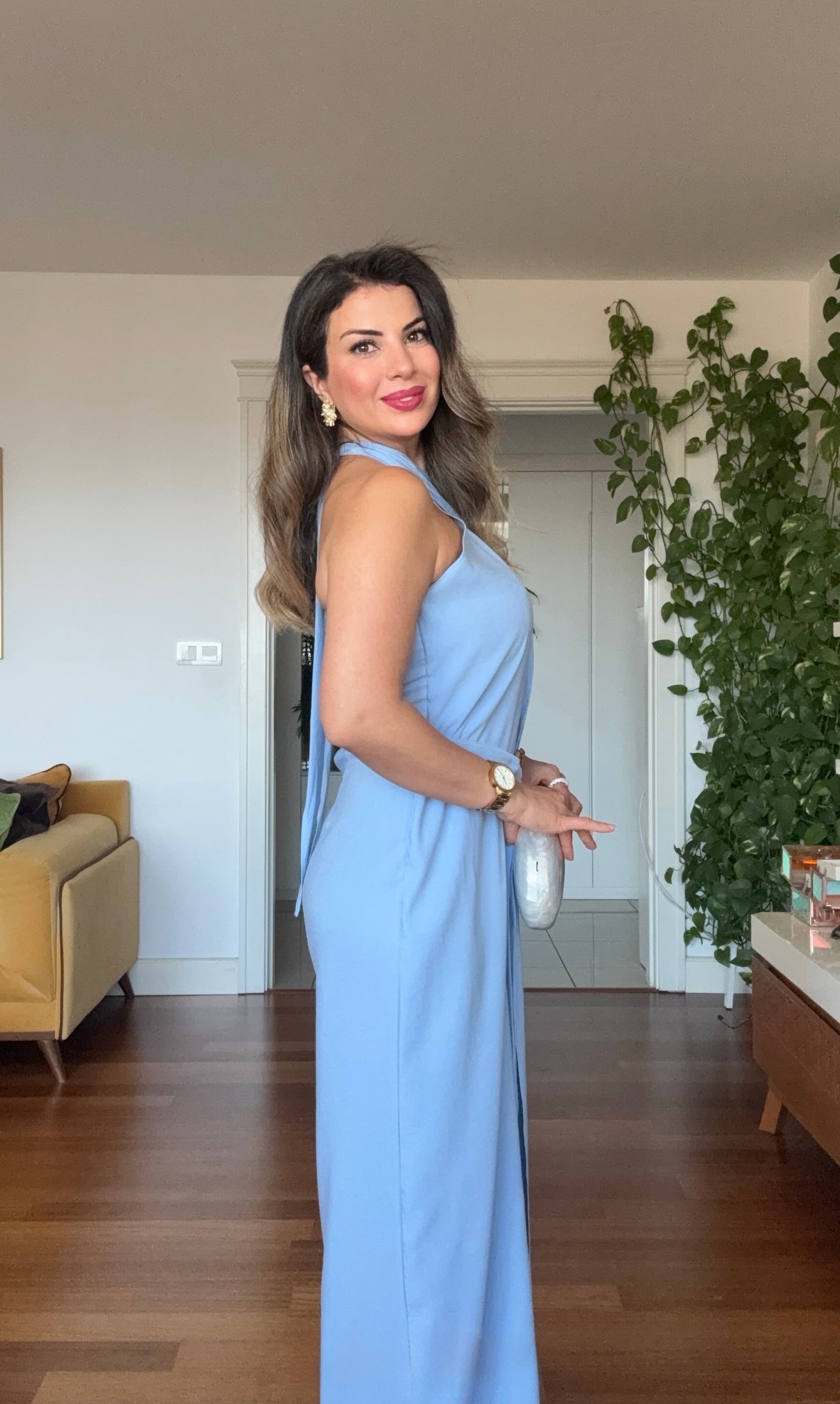 HALTER YAKA KUŞAKLI GENİŞ PAÇA TULUM - MAVİ