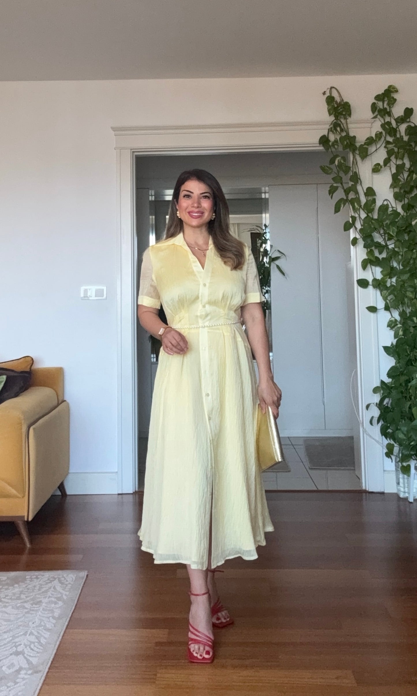 PRENSES MODEL PARLAK GÖMLEK ELBİSE -SARI