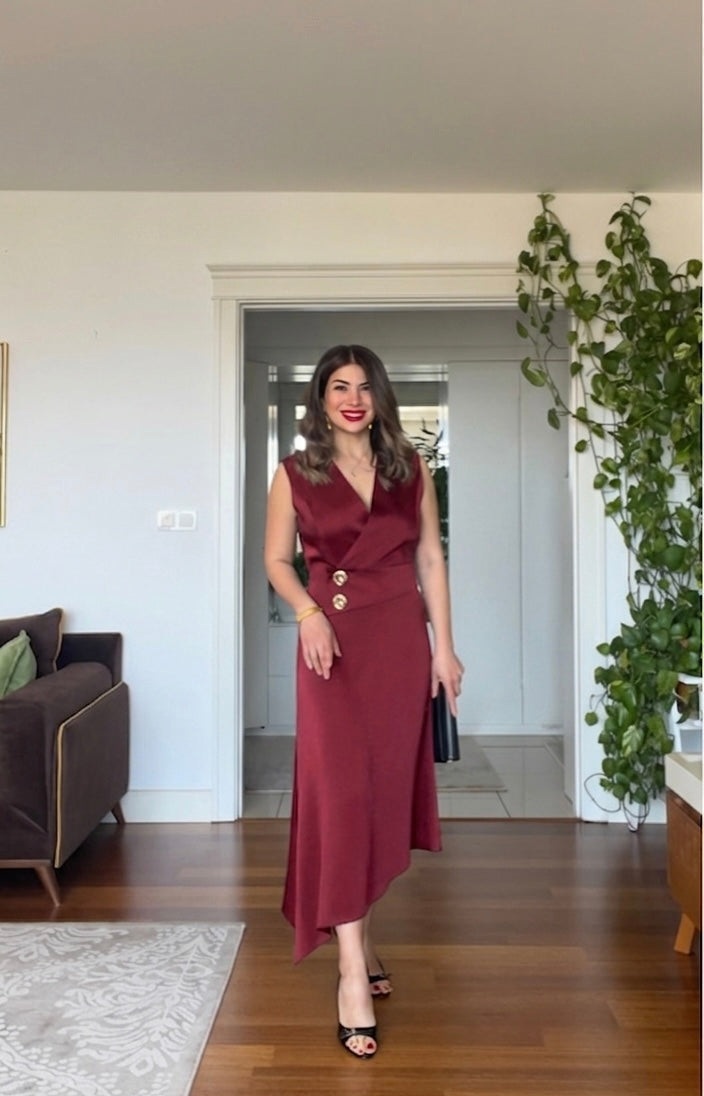 GOLD DÜĞME DETAYLI ELBİSE - BORDO