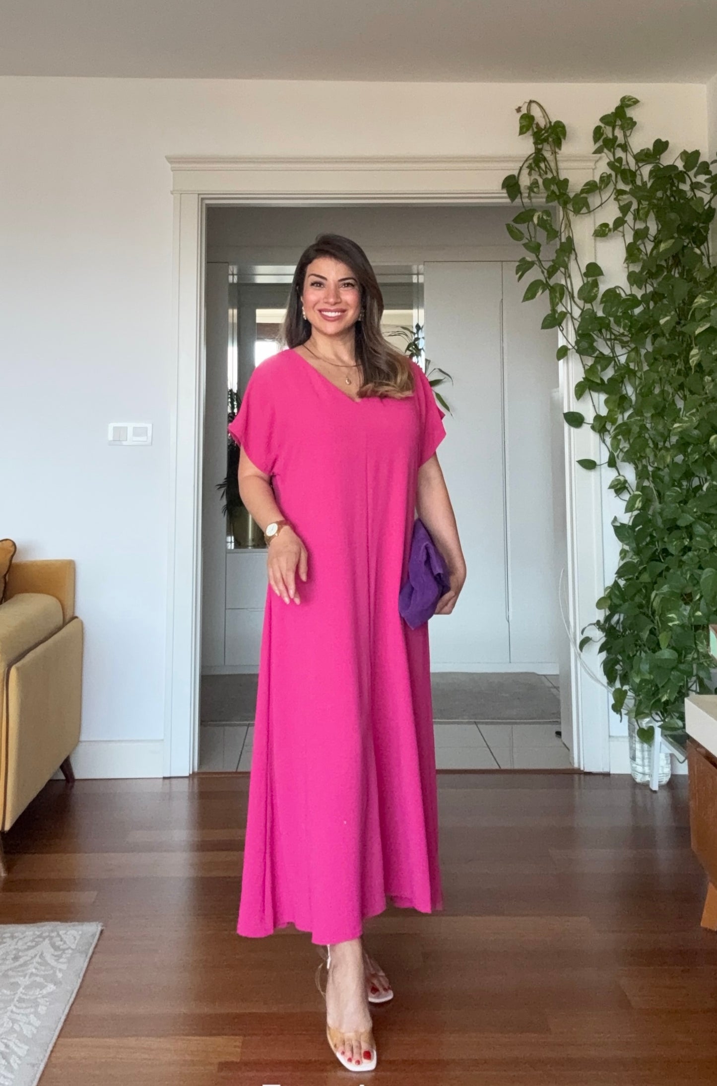 V YAKA OVERSİZE MAXİ ELBİSE - FUŞYA