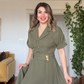 SAFARİ YAKA GOLD TOKA DETAYLI MİDİ ELBİSE - HAKİ