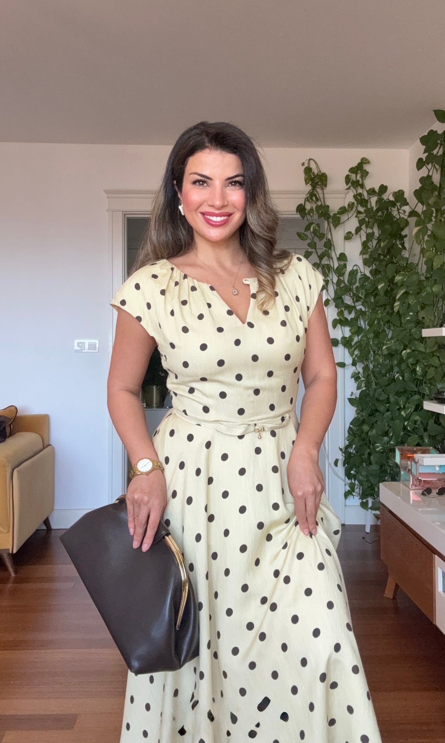 PUANTIYELI KEMER DETAYLI MAXI ELBISE - SARI