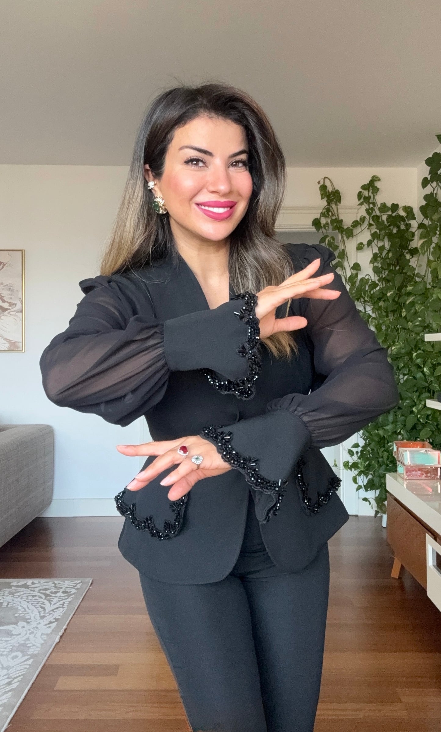 TAŞLI ŞİFON KOLLU BLAZER TAKIM - SİYAH